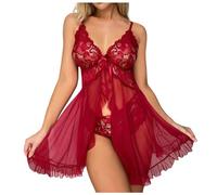 Lingerie erotiche da donna, tinta unita, fiocco, pizzo, tessuto a rete, lungo erotico aperto, set bondage, Colore: rosso, XL