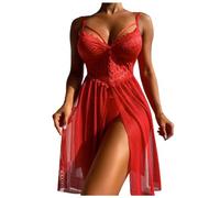 Lingerie erotiche da donna, tinta unita, pizzo, tessuto a rete, lungo erotico aperto, body da donna, Colore: rosso, L