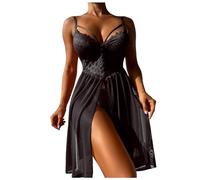 Lingerie erotiche da donna, tinta unita, pizzo, tessuto a rete, lungo erotico aperto, body da donna, Nero , L