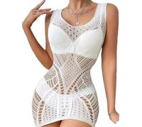 Lingerie Sexy a Rete per Donna Mini Vestito Scavato Pigiama Trasparente da Donna Biancheria da Notte Senza Schienale Senza Maniche Hollow out Long Beach Un Pezzo, bianco, Taglia unica