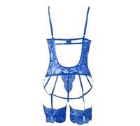 Lingerie sexy da donna in pizzo mesh lingerie tuta gamba anello club party lingerie con collana di perle, Blu, XXXL