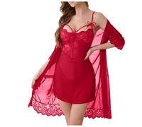 Lingerie sexy da donna per il sesso elegante, in pizzo, 3 pezzi, biancheria intima da donna, trasparente, sottile, con scollo a V, abito in pizzo e perizoma con effetto bagnato, bella camicia da notte