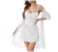 Lingerie sexy da donna per il sesso elegante, in pizzo, 3 pezzi, biancheria intima da donna, trasparente, sottile, con scollo a V, abito in pizzo e perizoma con effetto bagnato, bella camicia da notte