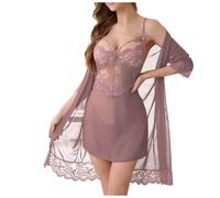 Lingerie sexy da donna per il sesso elegante, in pizzo, 3 pezzi, biancheria intima da donna, trasparente, sottile, con scollo a V, abito in pizzo e perizoma con effetto bagnato, bella camicia da notte