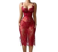 Lingerie Sexy in Pizzo, Camicia da Notte per Donna, Tinta Unita, Scollo Profondo, Maglia Trasparente, Pigiama con Trafori Laterali, Benda, Negligé, Camicia da Notte Sexy da Sposa, Rossa, Taglia S