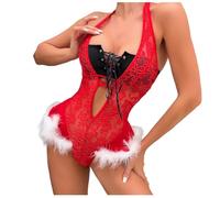 Lingerie Sexydonna Hot Natalizia Donna Rosso Pizzo Bordo Pelliccia Babydoll Regolabile Intimo Vestito Babbo Natale Camicia Notte Indumenti Scollo a V Profondo Costume Cosplay Camicia Notte Natale