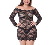 LINGERLOVE Plus Size Babydoll Lingerie Sexy Chemise per le Donne Pizzo Floreale Off Spalle Vedere Attraverso Body, Nero , M/L