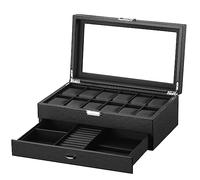 LINGFANSTORE Scatola Porta Orologi Gioielli Cassetti: Scatole per Orologio in Pelle PU - 12 Posti Grande Cofanetto Portagioie da Cassetto,per Gemelli da Polso, Anelli, Braccialetti (Kohlefaser-W79T)