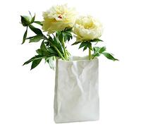 LINGJIONG Crinkle Paper Bag Vaso | Vasi per centrotavola | Vaso bianco in ceramica per sacchetti di carta, unico quadrato, piccoli vasi piegati con ampia apertura per la casa