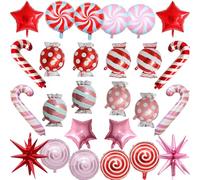 Lingqiang Set di 26 palloncini natalizi in pellicola, decorazione natalizia, caramelle, bastoncini di zucchero, esplosione, stella a elio, rossi e rosa