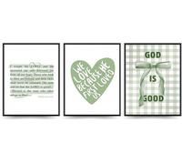Linilioart Set di 3 poster artistici da parete cristiani, decorazione botanica verde e bianca, stampa su tela, poster ispiratori per ufficio e camera da letto, senza cornice (20 x 25 cm)