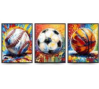 Linilioart Set di 3 poster artistici da parete su tela, stile retrò, colorati, con motivo baseball, calcio, basket, moderno, motivazionale, per la camera dei ragazzi, senza cornice (21 x 30 cm)