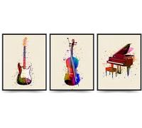 Linilioart Set di 3 poster musicali da parete con pianoforte, guita, violino, acquerello, schizzi, graffiti, strumenti musicali, immagini su tela per camera da letto, senza cornice (30 x 40 cm)
