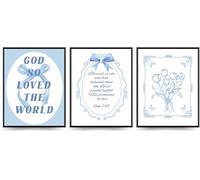 Linilioart Set di 3 poster su tela con fiocchi azzurri, stampa con versi della Bibbia, decorazione estetica per soggiorno e camera da letto, senza cornice (50 x 75 cm)