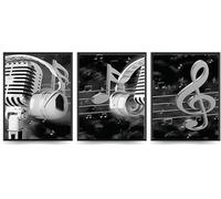 Linilioart Set di 3 quadri artistici da parete con musica e microfono, in bianco e nero, con cuffie e microfoni, immagini moderne per studio domestico, senza cornice (40 x 60 cm)