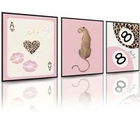 Linilioart Set di 3 stampe artistiche da parete a forma di leopardo rosa con 8 palline, decorazione estetica per camera da letto e soggiorno, senza cornice (30 x 40 cm)