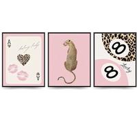 Linilioart Set di 3 stampe artistiche da parete a forma di leopardo rosa con ghepardo con 8 palline, decorazione estetica per camera da letto e soggiorno, senza cornice (20 x 25 cm)