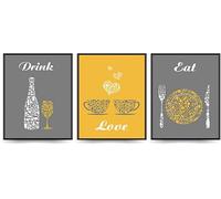 Linilioart Set di 3 stampe artistiche da parete a tema cibo, giallo e grigio, moderne stampe su tela a tema Eat Drink Love, per sala da pranzo o bar, senza cornice (30 x 40 cm)