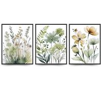 Linilioart Set di 3 stampe artistiche da parete su tela, stile bohémien, minimalista, verde salvia, poster con fiori ad acquerello, immagine per camera da letto, bagno, soggiorno, senza cornice (30 x