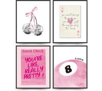 Linilioart Set di 4 stampe artistiche da parete preppy coquette, rosa alla moda, poster artistici da parete con ciliegie, per camera da letto delle ragazze, senza cornice (20 x 25 cm)