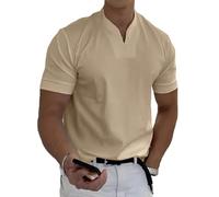 Lininco - Maglietta da uomo Braylen Stylish con scollo a V Muscle Shirts for Men Short Sleeve Henley Slim Fitted Work Out, cachi, 4XL