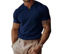 Lininco Mens Shirts, Braylen Jason Stylish T-Shirt, High Stretch Slim Fit V Neck Solid Business Fitness Tee (Navy,M)