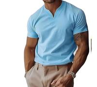 Lininco Mens Shirts, Braylen Quick-Dry High Stretch Muscle Fit V Neck Henley Tee for Business & Fitness (Sky Blue,XS)