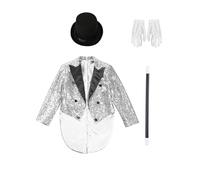 Linjinx Bambini Giacca Con Cappello Costume Mago Bambini Costume Direttore Circo Giacca Formale Anni Costumi E Giacche Cerimonia Carnevale Argento 13-14 anni
