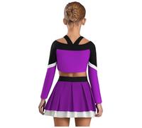 Linjinx Cheer-leader Costume Bambina Maglietta Manica Lunga Crop Top + Gonna a Pieghe Minigonna Costume Divertente da Cheer-leader Abito Ballo Latino Jazz Viola 5-6 anni