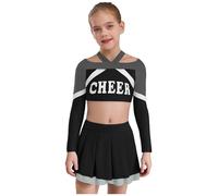 Linjinx Cheer-leader Costume Bambina Maglietta Manica Lunga Crop Top + Gonna a Pieghe Minigonna Costume Divertente da Cheer-leader Abito Ballo Latino Jazz Nero 5-6 anni