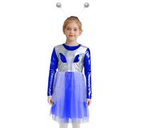 Linjinx Costume da Alieno Bambina Vestito Alieno Extraterrestre Spazio Gonna Metallizzata Lucida+Fascia per Capelli Abito Vita Alta A Line Costume Carnevale Blu reale argento 11-12 anni