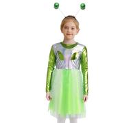 Linjinx Costume da Alieno Bambina Vestito Alieno Extraterrestre Spazio Gonna Metallizzata Lucida+Fascia per Capelli Abito Vita Alta A Line Costume Carnevale Verde fluorescente 12-24 mesi