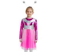 Linjinx Costume da Alieno Bambina Vestito Alieno Extraterrestre Spazio Gonna Metallizzata Lucida+Fascia per Capelli Abito Vita Alta A Line Costume Carnevale Argento rosa caldo 5-6 anni