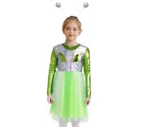Linjinx Costume da Alieno Bambina Vestito Alieno Extraterrestre Spazio Gonna Metallizzata Lucida+Fascia per Capelli Abito Vita Alta A Line Costume Carnevale Argento verde fluorescente 7-8 anni