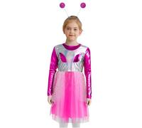 Linjinx Costume da Alieno Bambina Vestito Alieno Extraterrestre Spazio Gonna Metallizzata Lucida+Fascia per Capelli Abito Vita Alta A Line Costume Carnevale Rosa acceso 11-12 anni