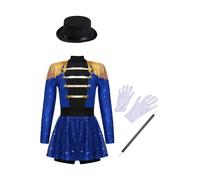 Linjinx Costume Majorette Per Banda Bambina Tuta Circo Brillante Per Danza A Maniche Lunghe Con Nappecappelloguantibacchetta Magica Costume Da Tamburo Carnevale Anni Blu 13-14 anni