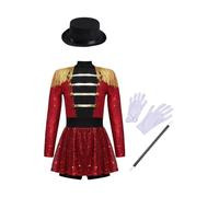 Linjinx Costume Majorette Per Banda Bambina Tuta Circo Brillante Per Danza A Maniche Lunghe Con Nappecappelloguantibacchetta Magica Costume Da Tamburo Carnevale Anni Rosso 13-14 anni