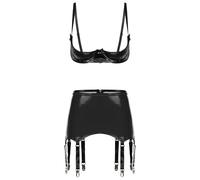 Linjinx Donna Completo Minigonna Due Pezzi Metallico Lucido Completo Due Pezzi In Pu Set Lingerie Reggiseno Senza Tazze Lingerie Cosplay Nero L