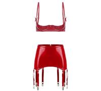 Linjinx Donna Completo Minigonna Due Pezzi Metallico Lucido Completo Due Pezzi In Pu Set Lingerie Reggiseno Senza Tazze Lingerie Cosplay Rosso M