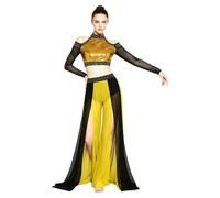 Linjinx Donna Vestito da Ballo Lirico per Donne Pezzi Truccoletti con Sequine + Pantaloni Largo Pantalone Fenduti Completo Danza del Ventre Oro XXL