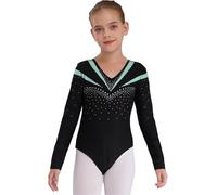 Linjinx Leotardo Ginnastica Bambina Body Ballet A Maniche Lunghe Con Scollatura A V E Paillettes Scintillanti Tutù Da Pattinaggio Artistico Costume Da Ballerina Anni Verde chiaro 7-8 anni