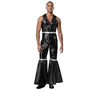 Linjinx Mono Costume in Metallizzato Brillante per Uomo Tuta A Campana Senza Maniche con Zip E Patta per Feste A Tema E Musica Disco Taglie Mxl Nero L