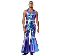 Linjinx Mono Costume in Metallizzato Brillante per Uomo Tuta A Campana Senza Maniche con Zip E Patta per Feste A Tema E Musica Disco Taglie Mxl Blu L