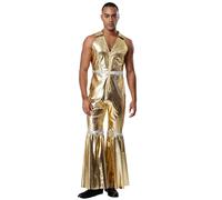 Linjinx Mono Costume in Metallizzato Brillante per Uomo Tuta A Campana Senza Maniche con Zip E Patta per Feste A Tema E Musica Disco Taglie Mxl Oro L