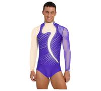 Linjinx Vestiti da Ballo Latino Americano Uomo Paillettes Body da Pattinaggio Artistico Leotards Danza Classica Costume per Competizione Spettacolo Teatro Viola XL