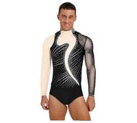 Linjinx Vestiti da Ballo Latino Americano Uomo Paillettes Body da Pattinaggio Artistico Leotards Danza Classica Costume per Competizione Spettacolo Teatro Nero XXL