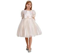 Linjinx Vestito per Bambine Principessa dei Fiori con Maniche A Sbuffo E Decorazione di Perle Abiti da Bowknot Concorso di Nozze Battesimo Champagne 5-6 Anni