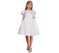Linjinx Vestito per Bambine Principessa dei Fiori con Maniche A Sbuffo E Decorazione di Perle Abiti da Bowknot Concorso di Nozze Battesimo Bianco 3-4 Anni