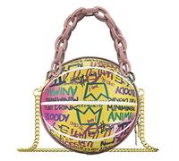Linkidea Mini borsette a forma di basket per donne, lettere graffiti per ragazze, piccola borsa rotonda carina, borsa a tracolla in pelle vegana alla moda (rosa)