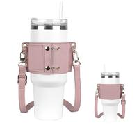Linkidea Porta bottiglia d'acqua con cinturino compatibile con Stanley Quencher H2.0 850,5 g/1134 g, bicchiere semplice e moderno da 1134 g, in pelle vegana, tracolla con portachiavi, rosa